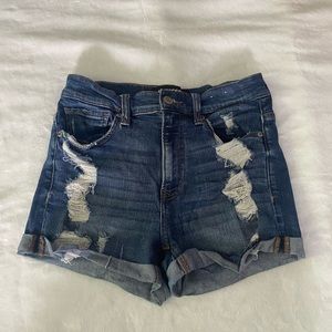 Express high rise distressed denim shorts with stretch